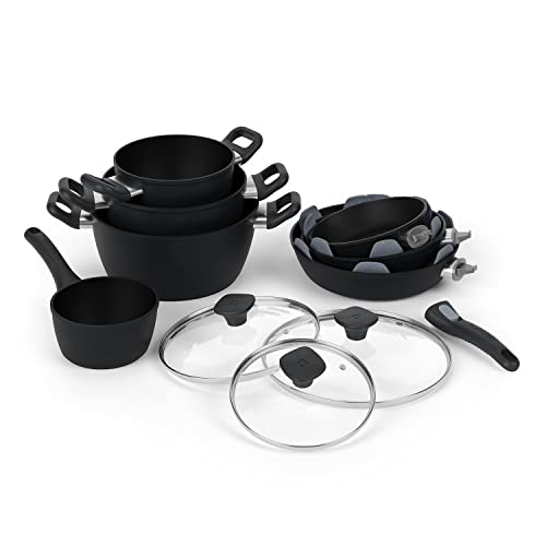Klarstein Beschichtete Pfanne für Induktion, Gas & Kochplatte, 3x Antihaft Bratpfanne, 3x Kochtöpfe, 1x Topf mit Stiel, Spülmaschinenfeste Aluminium-Pfannen Set mit Abnehmbarem Griff & Deckel