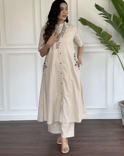 Image of Women's Cotton Embroiderd Long A-Line Kurti with Palazzo