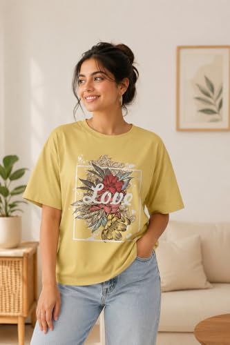 Image of Amazon Brand - Anarva Women Oversized Graphic Printed T Shirt 100% Cotton Drop Shoulder Loose Fit Baggy Casual Tshirt for Girls