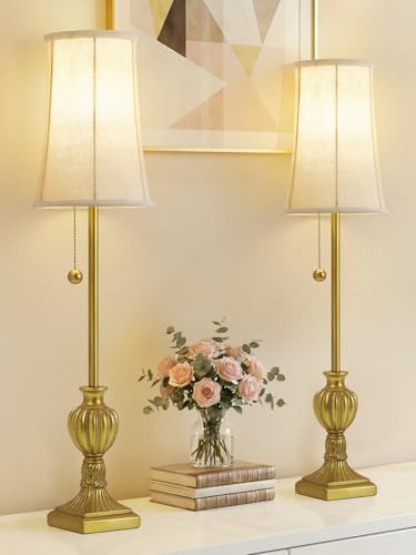 Buffet Table Lamps Set of 2 - 28" Tall Skinny Brass Resin Finish Table Lamp for Living Room - Traditional Farmhouse Buffet Lamp with Pull Chain for Console Table,Dining Sideboard,Entryway,Hallway