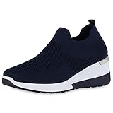  VAN HILL Damen Sportschuhe Slip Ons Sportliche Strick Schuhe Keilabsatz Wedges Profilsohle Stoffschuhe Freizeit Turnschuhe 211835 Dunkelblau 37