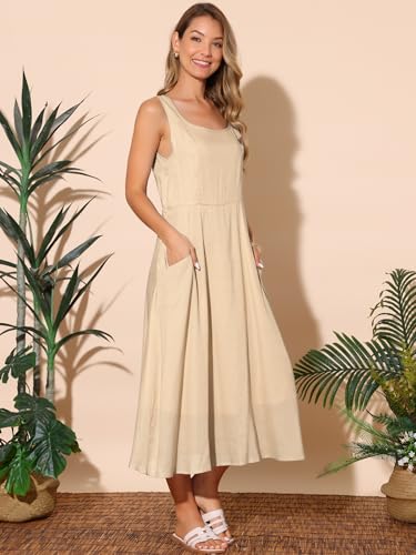 Image of Seta T Women's Linen Dresses Summer Sleeveless Sundress Casual Loose Flowy Midi Tank Beach Dress