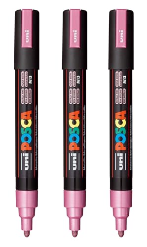 Image of posca PC-5M Water-Based Paint Markers, Reversible Medium Tip (1.8-2.5mm), Metallic Pink, 3 Count