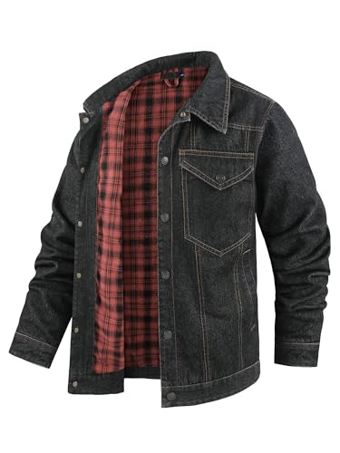 Image of Men's Denim Jacket Lined Flannel Plaid Vintage Cowboy Cut Western Classic Trucker Motorcycle Snap Fall Long Sleeves