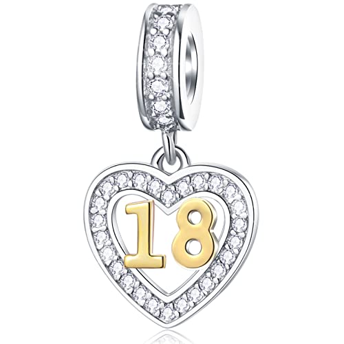 18 anni di compleanno Charms fit Pandora DIY braccialetto, 18k placcato oro numero 18 Dangle, 925 in argento sterling 18th Anniversary collana perline con CZ, regali per gemelli/nipote/cugino/sorella