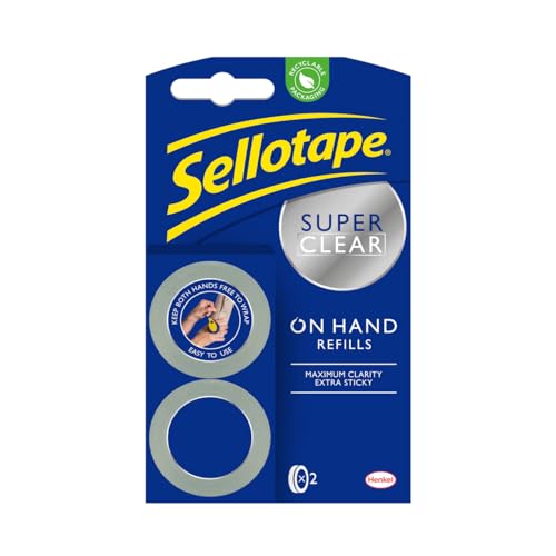 Sellotape On-Hand Refills, Extra Strong Adhesive Tape, Clear Tape Refills for Arts & Crafts, Strong Tape for the On-Hand Tape Dispenser, 18mm x 15m, Pack of 2