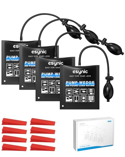 eSynic 4 Pack Air Wedge Bag Kit300lbs Heavy-Duty TPU Air Shim Inflatable Wedge Bag with Quick-Release Valve&8 Plastic Wedges 2.4 Lift Height Durable Hand Toolfor Door/Window Furniture Installation