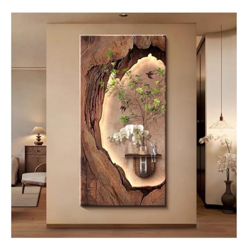 Decoración En Piedra Arenisca Arte Mural 3D Pintura, Esculturas Vintage Con Jarrón Y Planta Artificial, Panel Decorativo Moderno Para La Entrada, El Salón Dormitorio(Brown b,60x120cm)