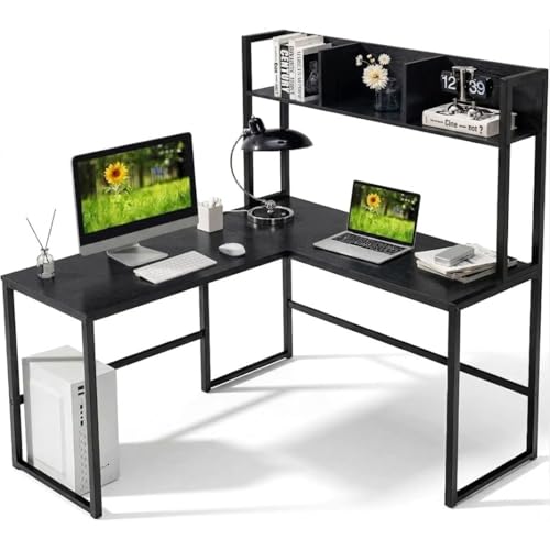 Image of Office Study Table Reversible L Shaped Corner Workstation Table for Home with Hutch Computer Desk with Storage Shelves & Bookshelf Black 140x50x150 CM