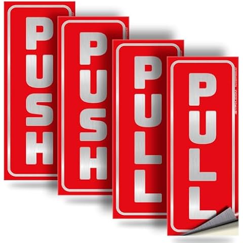 iSYFIX Push Pull Stickers Sign - 2 Pack 2.8x7 inch - Vertical Decal Self-Adhesive, Brushed Silver/Red Vinyl Sticker for Doors in Business, Stores, Cafes, Shops & More. Indoor and Outdoor use. Cover