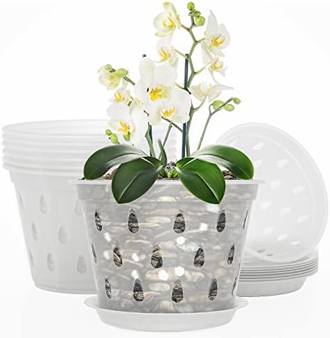 Suguder 8 Pack 7 Inch Orchid Pot, Orchid Pots with Holes and Saucers, Clear Plastic Plant Flower Pot for Indoor Outdoor Garden