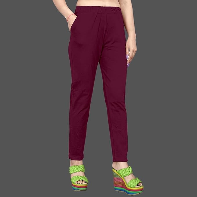 Image of Women's Solid Cotton Lycra Pants-High Waist Slim Fit Stretchable Leggings - Comfortable Long Trousers for Casual, Office & Everyday Wear