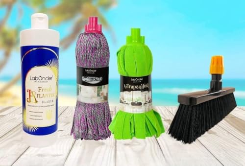 PACK LIMPIEZA LABONCLER SUELOS LIMPIOS FORMADO POR FREGASUELOS SUPER CONCENTRADO + FREGONAS OPTIMUS Y TREPADORA + ESCOBA PARA INTERIORES (FRESH ATLANTIS/océano, ropa limpia)