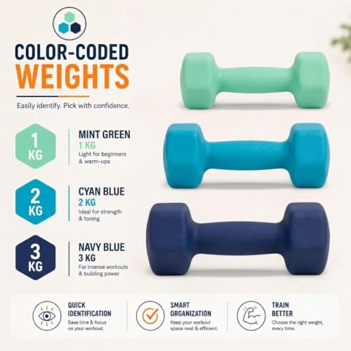 Image of KAKSS Neoprene Dumbbells Set with Stand, 12kg (2 x 1kg, 2 x 2kg, 2 x 3kg), Multicolor Hex Dumbbells Hand Weights for Home Gym, Workout, Strength Training, Fitness Exercise for Women & Men