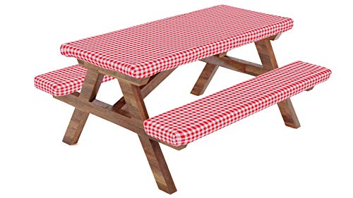 Fitted Picnic Table Tablecloth Cover with Picnic Bench Covers, Fitted Vinyl Tablecloth and Seat Covers, Tablecloth for Picnic Table, Camping Picnic Table Bench Elastic Covers,72X28 Inch,Red,3 Piece
