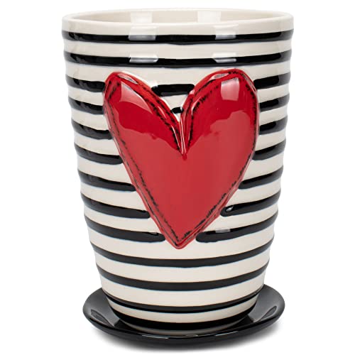 Demdaco Pot And Saucer Black White Stripe Heart 7.5 X 5 Ceramic Stoneware Standing Planter Set #TOP8