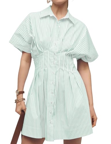 Image of MISSACTIVER Women Pleated Button Down Shirt Dress Short Sleeve Striped Corset Mini Dresses Casual Summer Short Dress