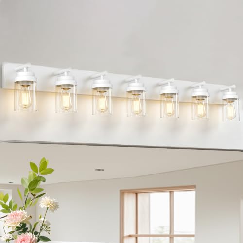 Image of IZORRO Bathroom Light Fixture White, Clear Glass Shade 52-Inch 7-Light | Bathroom Light Fixtures Over Mirror, Modern Farmhouse Vanity Lights, Rustic Restroom Lighting Fixtures