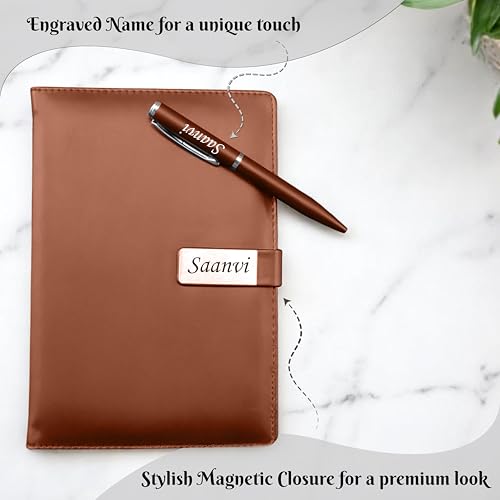 Image of SAVRI A5 Personalized Leather Diary & Engraved Pen - Custom Name Executive Notebook with Employee Name & Company Logo - Non-Dated, Joining Kit, Corporate Gift, Office, Travel & Birthday Gift (Tan)
