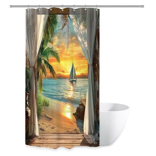 Image of Riyidecor Small Stall Beach Shower Curtain 36Wx72H Inch RV Half Coastal Ocean Sea Hawaiian Sunset Tropical Single Narrow Barn Door Rustic Bathroom Decor Fabric Polyester Waterproof 7 Pack Hooks