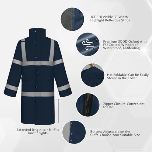 TCCFCCT Rain Jacket Hi Vis Rain Suits Waterproof with Hood, Heavy Duty Long Rain Coats for Work, Safety Rain Gear for Hiking Camping Outdoor Activities, L Navy Blue
