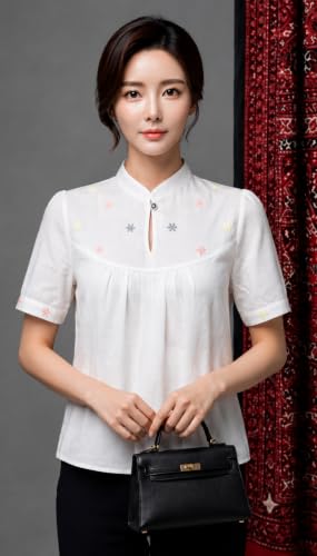 Image of Shirt for Women Printed Casual V-Neck Button Down Short Sleeve Blouse Crop Top, Stylish Collared, Formal, Trendy