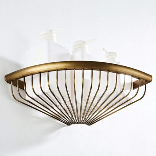 HUANGJIAVT Antique Copper Bathroom Corner Shelf, Single-Layer Fan-Shaped Storage Basket,