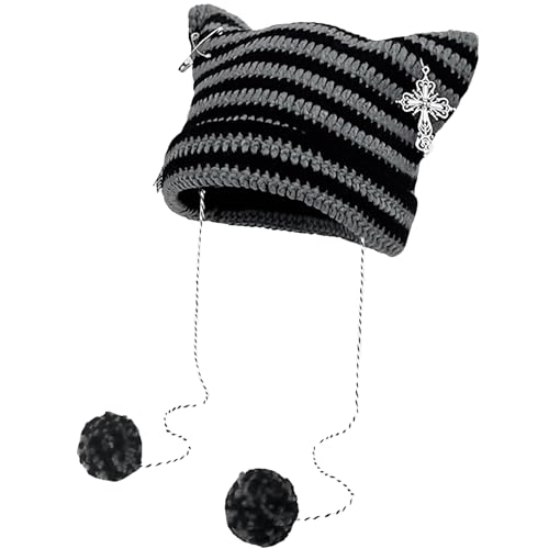 TUONYIS Schwarze Katzenmütze,Wintermütze für Damen, Strickmütze mit Katzenohren,Ohr-Goth-Emo-Alt-Accessoires, Katzenmütze, für Mädchen, Erwachsene Kinder Katzengeschenke für Frauen(Schwarz)