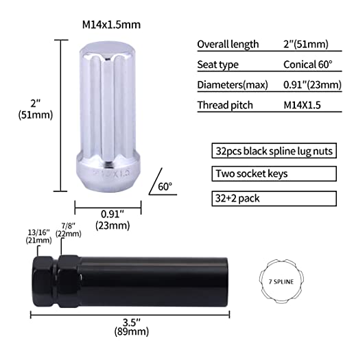 M14x1.5 Lug Nuts 14x1.5 7 Spline Lug Nuts M14 x 1.5 Chrome 2\" Tall 32 Pack 2 Socket Keys 14mmx1.5 Lug Nuts Acorn Lug Nut Fit for Ford F250 F350 Super Duty Chevy Silverado 1500 2500HD GMC Sierra