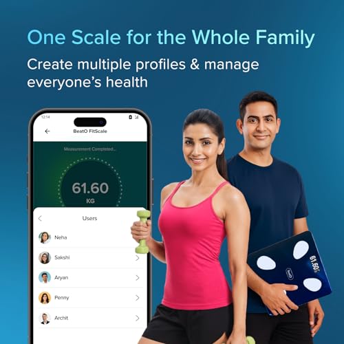 Image of BeatO FitScale Smart BMI Weight Machine for Home | Bluetooth Digital Body Fat Scale & Composition Monitor | Tracks 18 Advanced Body Parameters, Muscle Mass & Fat% | Free BeatO App Sync