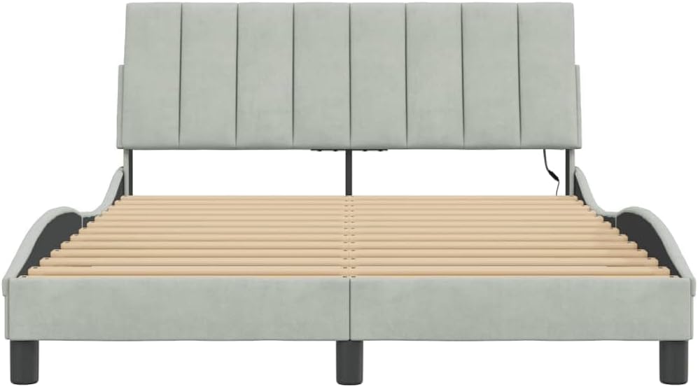 Bed Frame with LED Light Gray Velvet Upholstery 53.9"x74.8" Platform Foundation with Slatted Plywood, Sturdy Headboard, Easy Assembly for Modern Bedroom Furniture