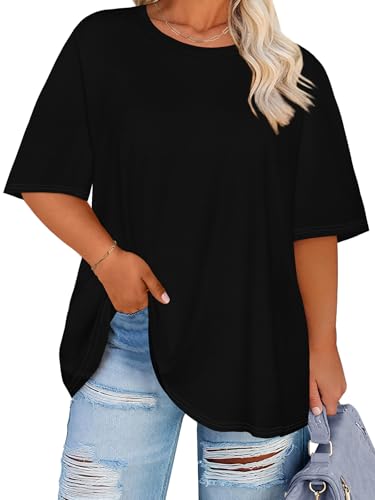 rosemia Plus Size Tshirts for Women Oversized Casual Tees Crewneck Short Sleeves Blouses 2026 Black Color 5X-Large