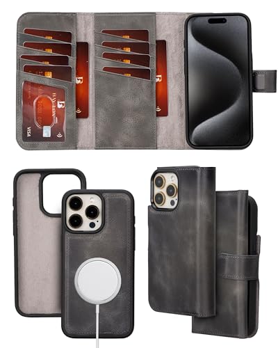 Bayelon Wallet Case for iPhone 15 Pro Max, Trifold Leather Wallet, Detachable Magnetic Flip Folio Cover, Card Holder, iPhone 15 Pro Max Wallet Case, MagSafe Compatible, RFID Blocking (Smoked Black)