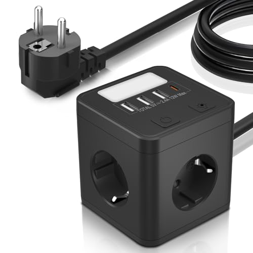 Grenuttag med USB C, 4-Vägs Uttagskub med 1 USB C och 3 USBA, överspänningsskydd Flera Uttag Kub med Nattlampa, Flera Uttag Strömlista med Strömbrytare för Hemmakontor, 1,5 m Kabel, Svart