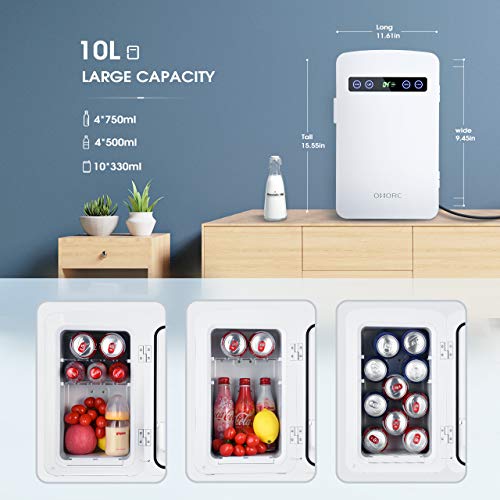 OMORC Mini Fridge, 10 Liters Mini Cooler and Warmer Car Refrigerator with LED Display/Dual-Core System/ECO and Super Quiet, Personal Tiny Fridge - AC & DC (White)
