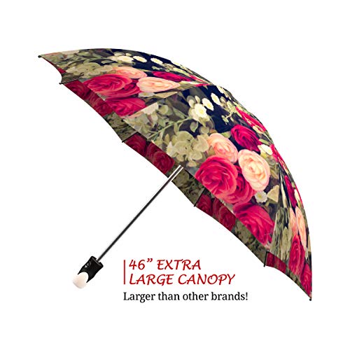 Red Flowers Designer Auto Open Close Umbrella - Pink Art Umbrella For Women - Fashion Umbrella Stylish Gift - Compact Automatic Rain Umbrella Vintage Roses Design - Floral Umbrella Travel Lightweight #TOP4