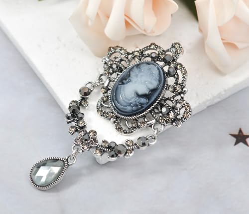 Image of Gyn&Joy Antique Blue Rhinestones Cameo Brooch Pin