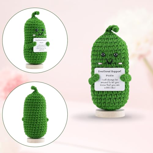 image for Hoedia Emotional Support Pickle with Wooden Base: Cucumber Crochet Dol