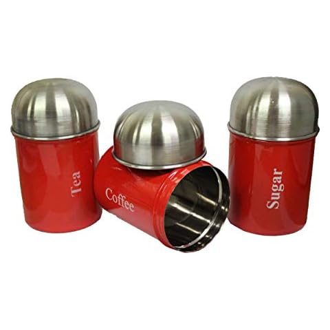 3pcs Stainless Steel Red Dome Canister Tea Coffee Sugar Kitchen Storage Canister Jar Pot Set Black (Red) Cover