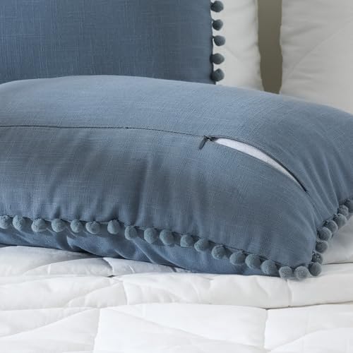 Image of 100% Cotton Pom Pom Cushion Without Filler, Elegant & Modern Cushion Cover for Living Room, Rectangle, 12 inchx20 inch, uni slub, Set of 3 - Denim Grey