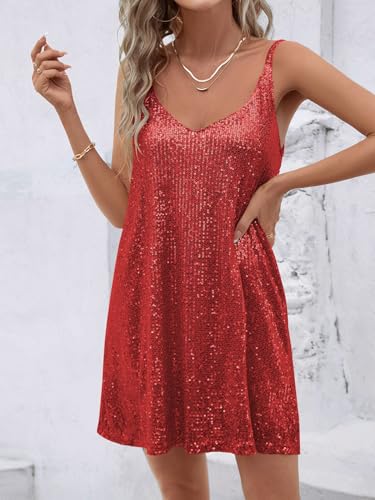 Image of MIYIEONZ Women Sequin Sexy V Neck Shift Dress Sparkly Glitter Sleeveless Short Flowy Loose Party Night Out Club Dress