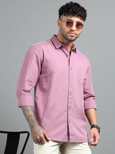 Image of Men Slim Fit Solid Spread Collar Casual Shirt
