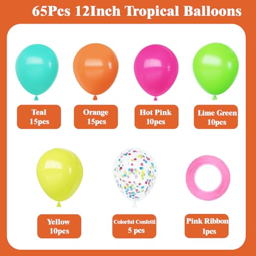 Image of Tropical Hawaiian Balloons Set, 65Pcs 12In Summer Party Balloons with Hot Pink Green Orange Yellow Teal Blue for Hawaiian Summer Birthday Party Decorations