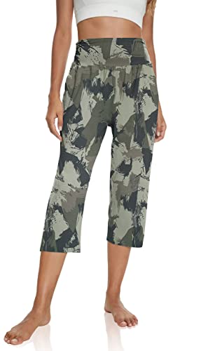 Ueu Women's Camouflage High Waisted Capri Casual Summer Loose Fit Yoga Cropped Pants Lounge Sweat Capris Sweatpants Pockets(Camo,M) #TOP24