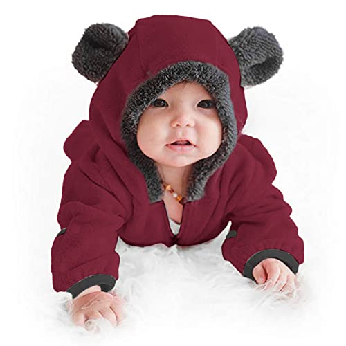 Newborn Baby Fleece Footed Jumpsuit Hooded Pramsuit Winter Snowsuit for Infant Boys Girls Bear (Wine, 3-6 Months)3