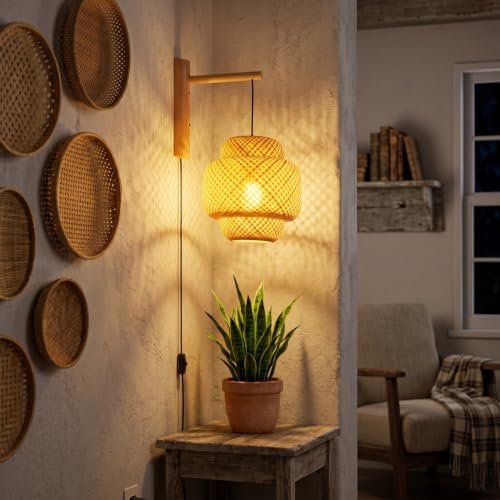 Image of Farmhouse Rattan Plug in Wall Sconce for Bedroom, Bamboo Hanging Wall Lamp