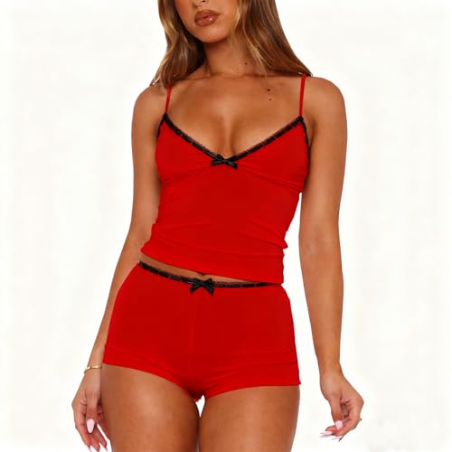Image of Yuemengxuan Women Two Piece Outfits Y2k Boy Shorts Set Sleeveless Crop Top Button Down Shorts Set Loungewear Pajamas Set