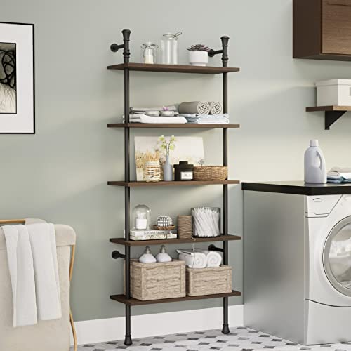 Realyoo Wall Mounted Bookshelf, 5 Tier Industrial Open Vintage Bookcase, Rustic Wood And Metal Book Shelf, Tall Modern Book Case For Office Home Living Room Bedroom - Walnut #TOP3