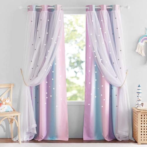NICETOWN Curtains for Girls Bedroom Kids Curtain Star Cutout Rainbow Curtain for Girls Room Decor Window Nursery Curtain 84 inches Long Grommet, 2 Pan