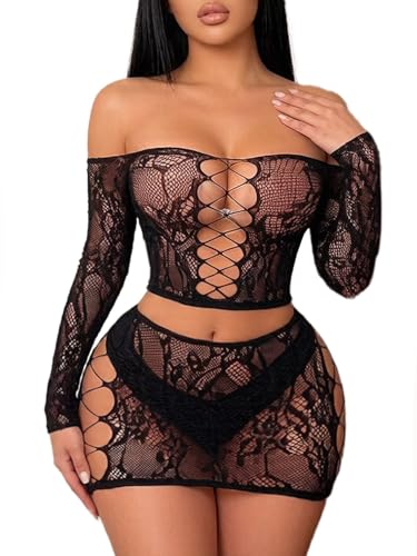 Buitifo Ensemble de Lingerie Femme Fishnet Babydoll Bodysuit Nuit Sexy Dentelle 2 Pièces (Noir,Taille Unique)